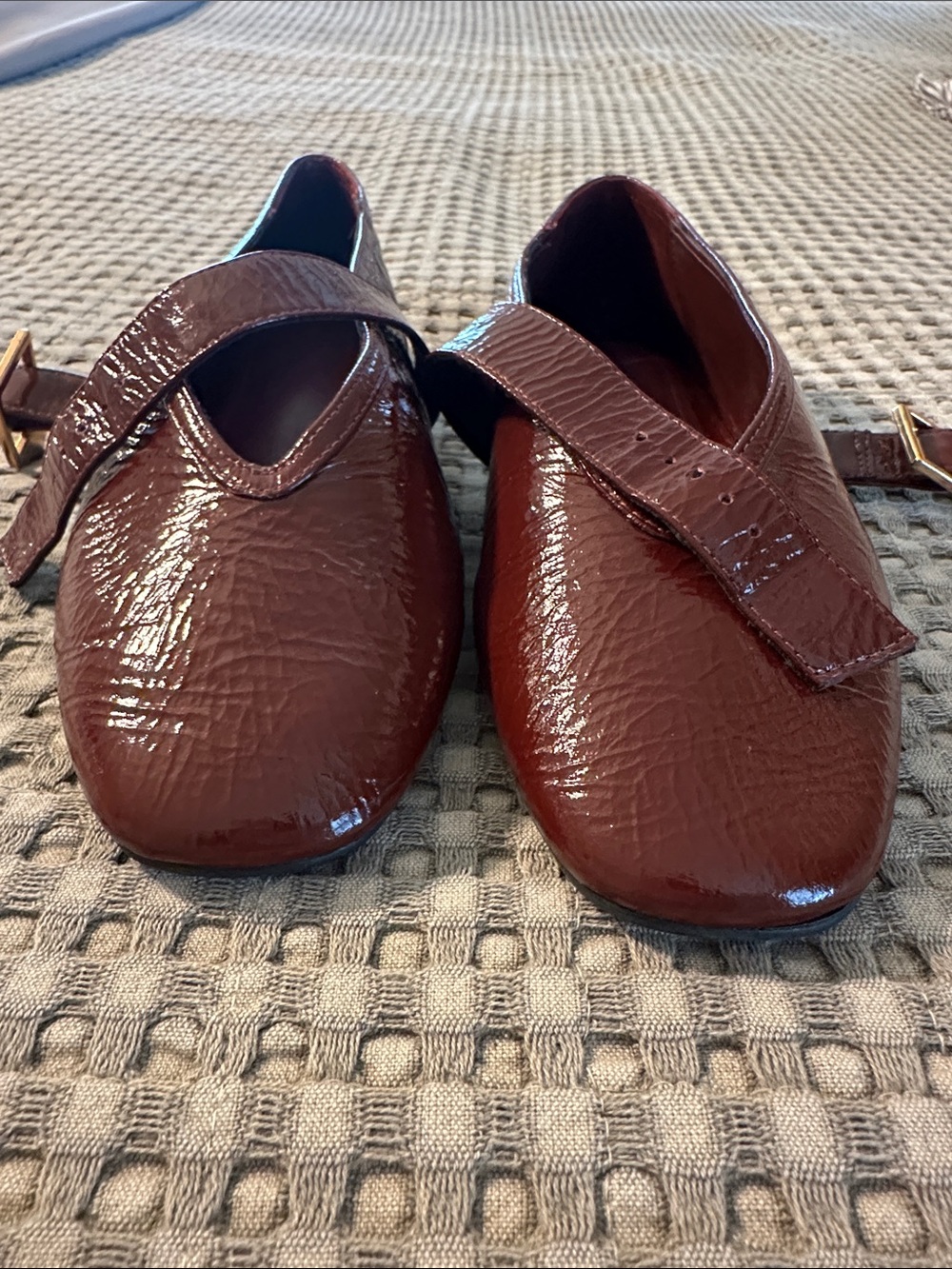 SCHUTZ Burgundy Leather Mary Jane Flats with Gold Buckle - Picture 8 of 9